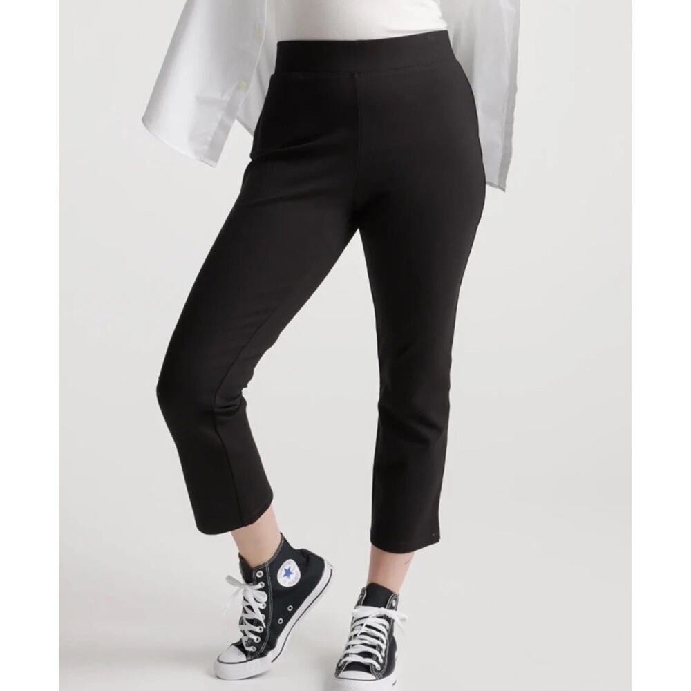 Quince Women's Black Ultra-Stretch Ponte Pants Kick Flare sz S 23” Inseam NWT